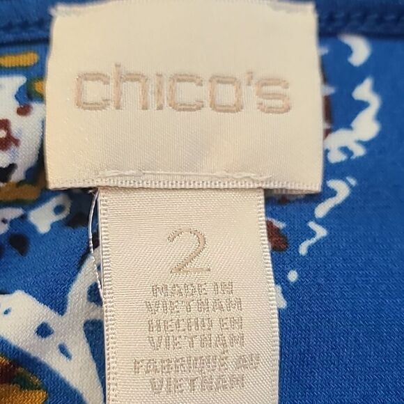 Chico's Blue, Gold & White Floral Top with Bell Sleeves, Size 2, 2X - Picture 8 of 11